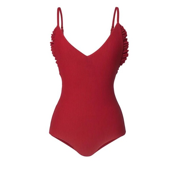 Made By Dawn Revolve Red Butterfly Root Ribbed Ruffle One Piece Swimsuit NWT S - Picture 5 of 16